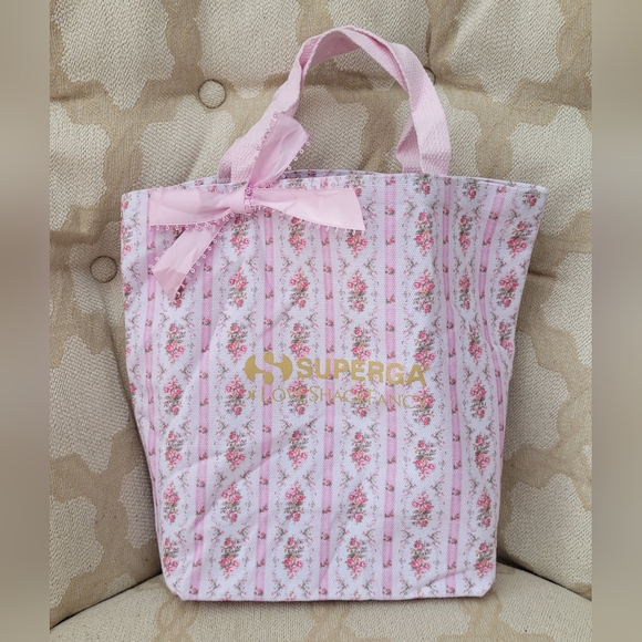 LoveShackFancy Handbags - LOVESHACKFANCY X SUPERGA FLORAL BOW TOTE BAG PINK WHITE GOLD